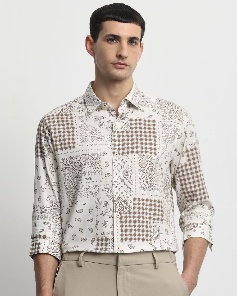 Brown Bandana Print Slim Fit Casual Shirt