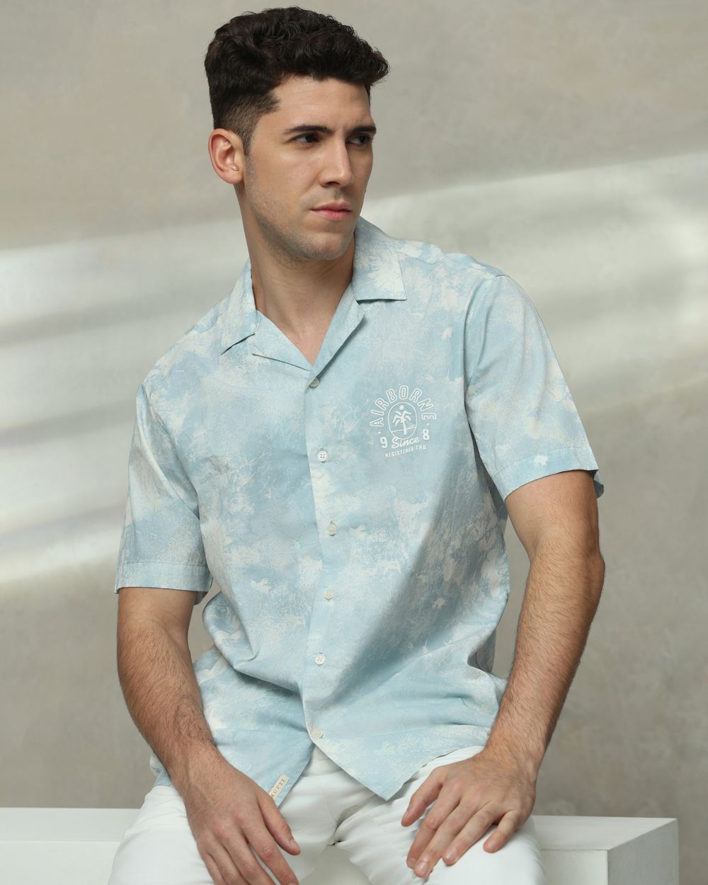 Sage Cloud Print Relaxed Fit Casual Shirt