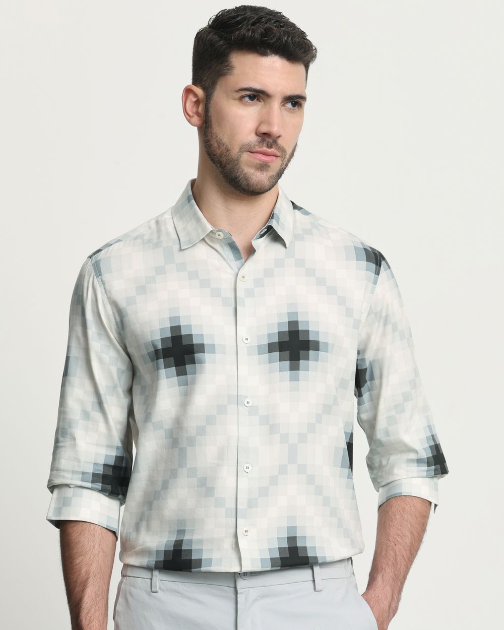 Light Grey Geometric Print Slim Fit Casual Shirt