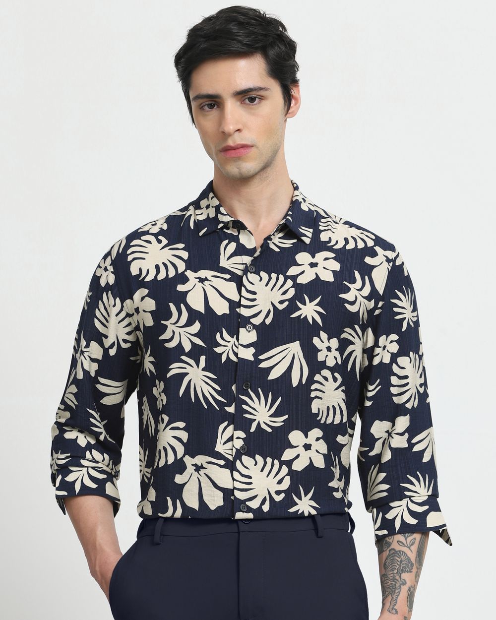 Navy Leaf Print Slim Fit Casual Shirt