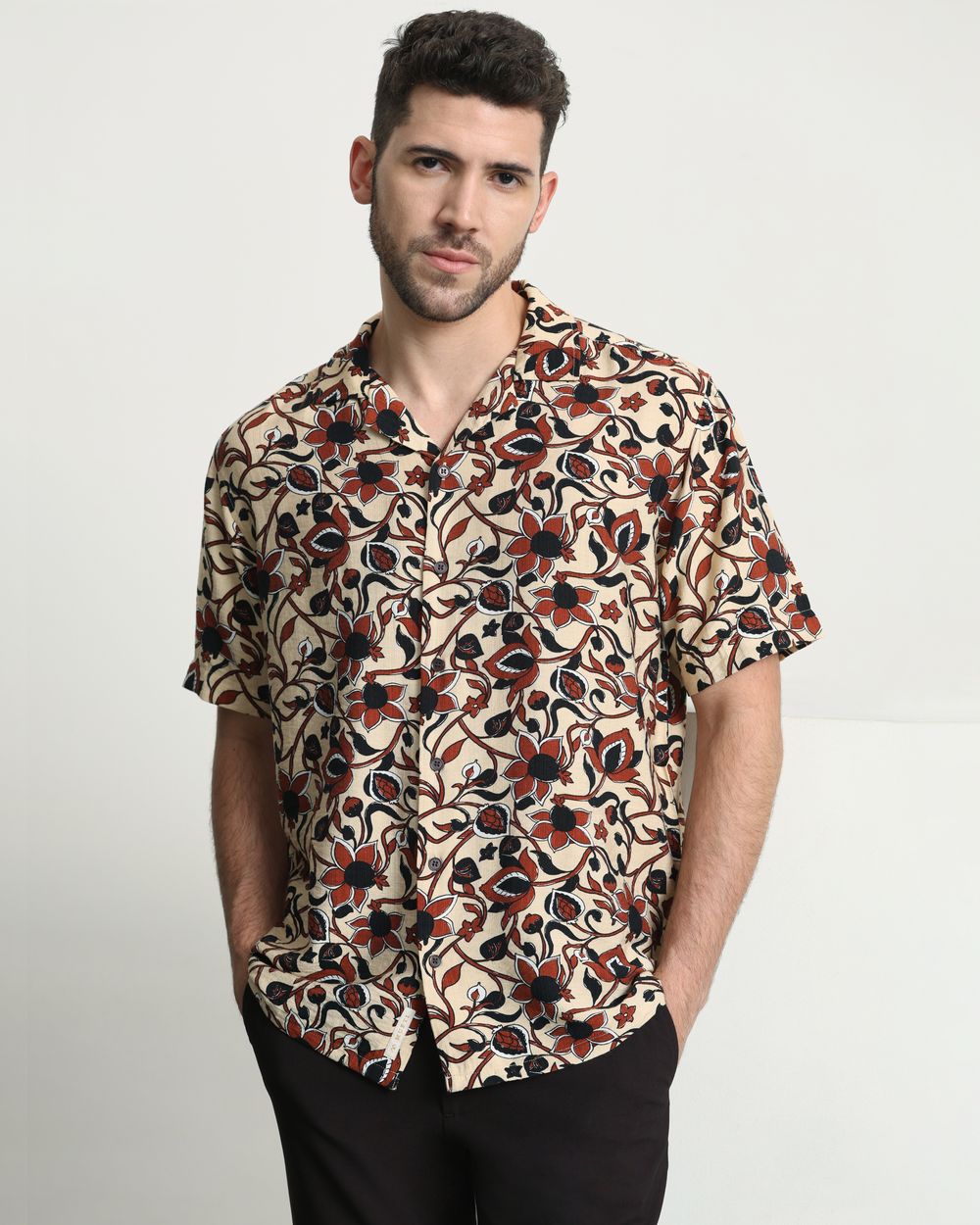 Light Khaki Floral Print Relaxed Fit Casual Shirt