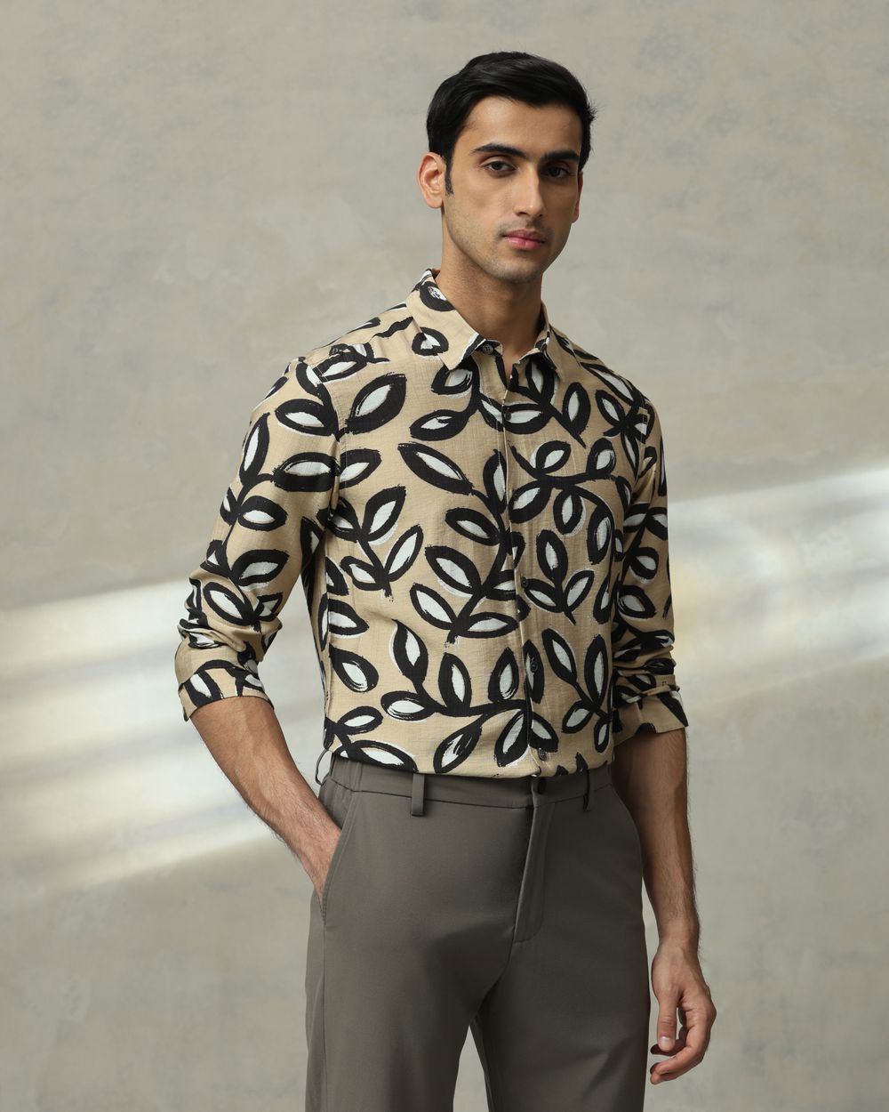 Light Khaki Leaf Print Slim Fit Casual Shirt