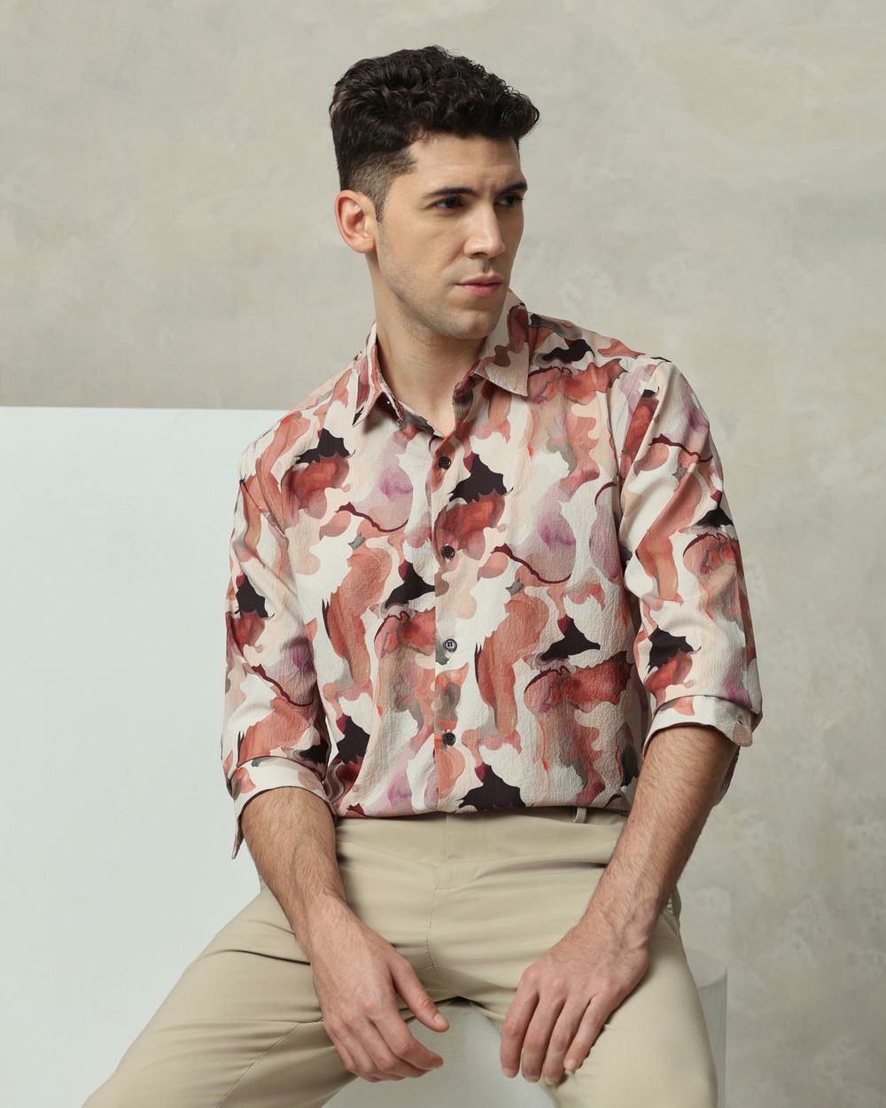 Rust Abstract Print Stretch Slim Fit Casual Shirt