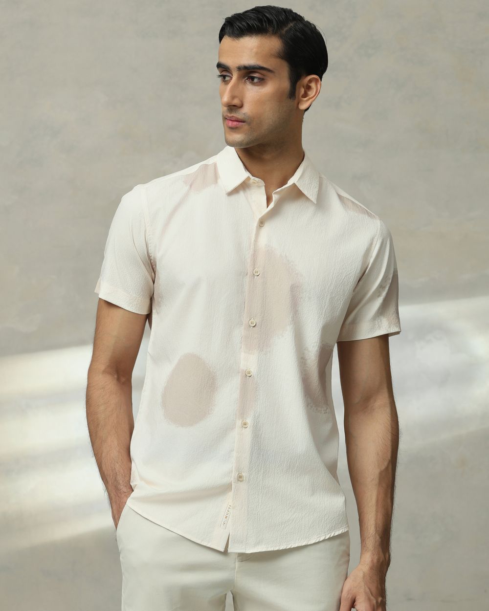 Beige Abstract Print Stretch Slim Fit Casual Shirt