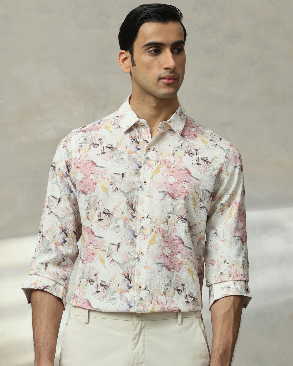 Off White Floral Print Stretch Slim Fit Casual Shirt