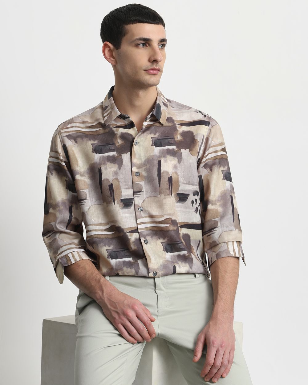 Light Olive Digital Print Slim Fit Casual Shirt