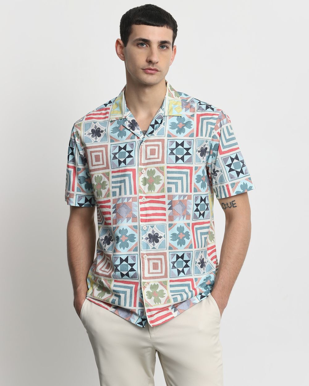 Multi Tile Print Relaxed Fit Casual Shirt