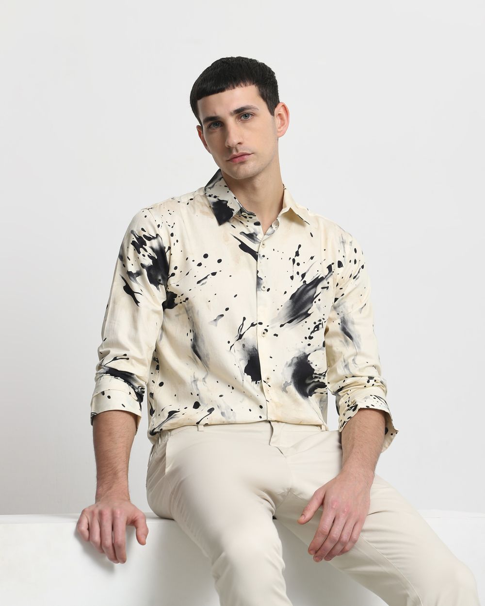 Beige Splatter Print Slim Fit Casual Shirt