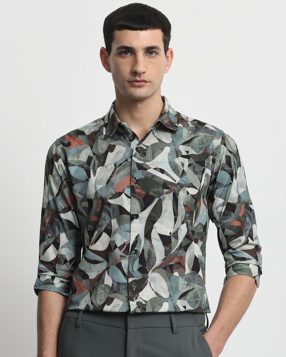 Olive Digital Print Slim Fit Casual Shirt