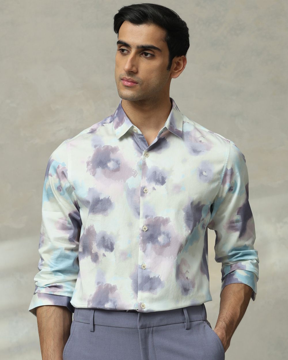 Lilac Digital Print Slim Fit Casual Shirt