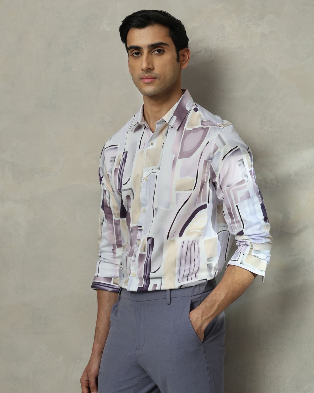 Lilac Abstract Print Slim Fit Casual Shirt