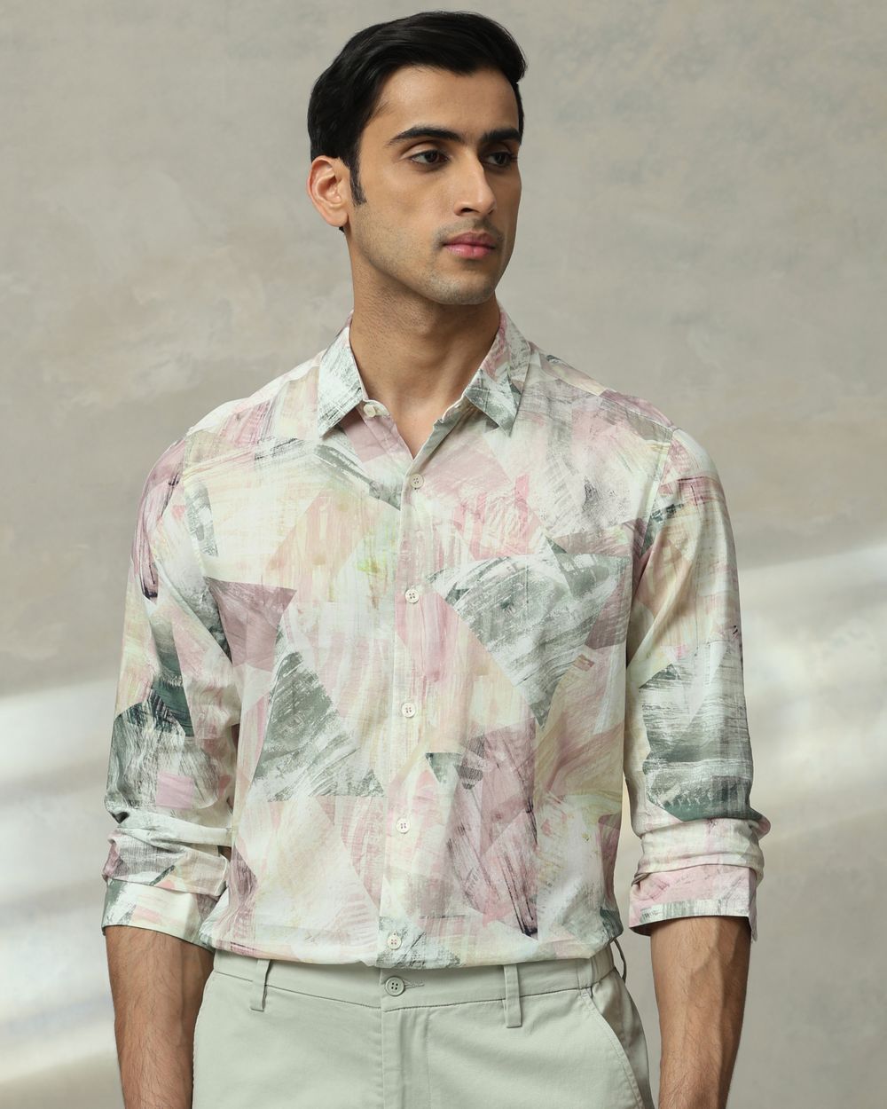 Pastel Pink Digital Print Slim Fit Casual Shirt