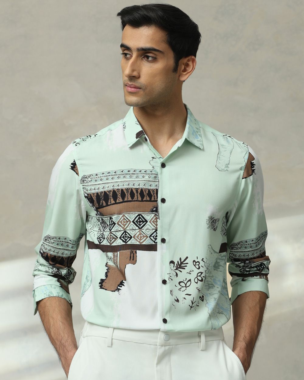 Light Green Digital Print Slim Fit Casual Shirt