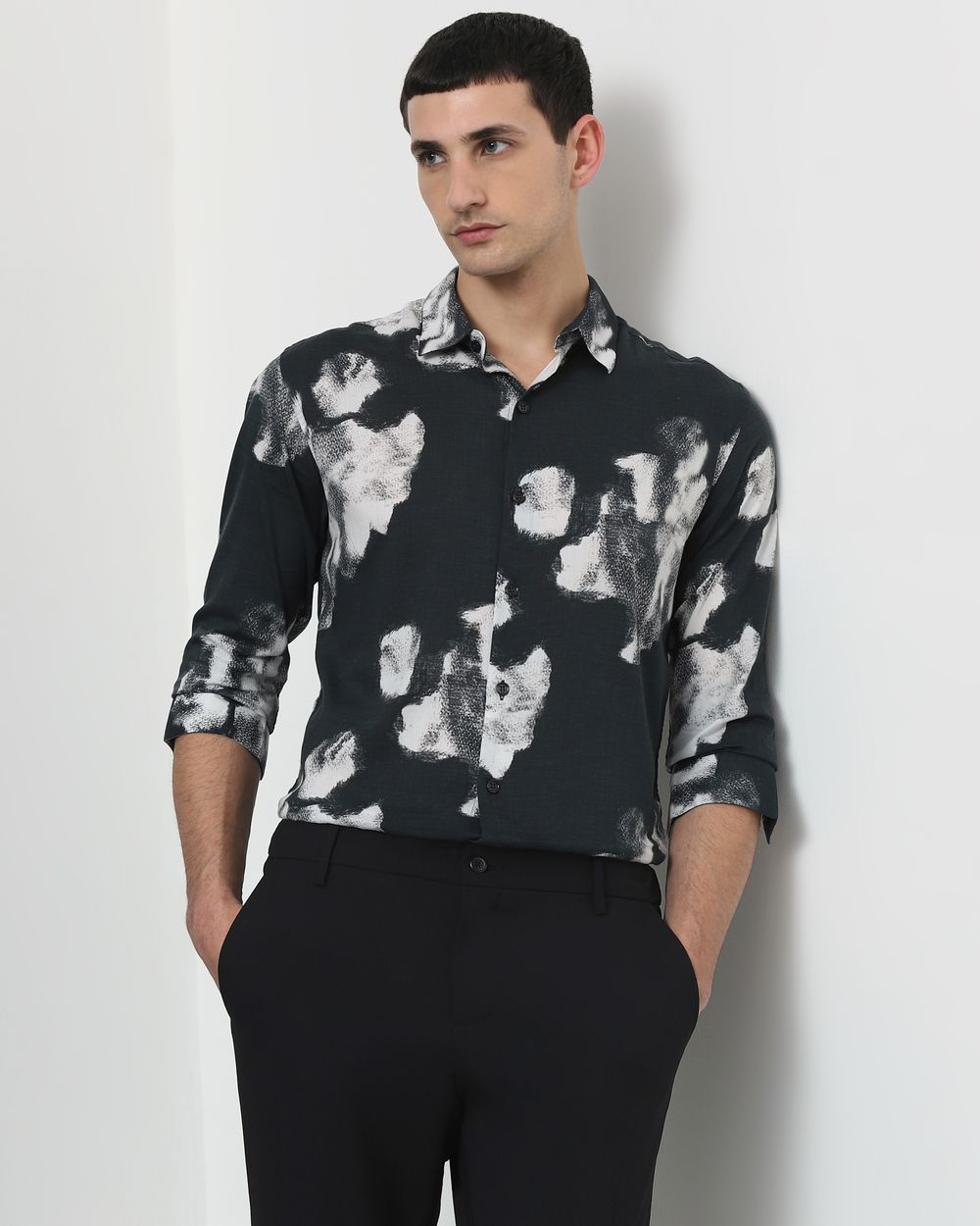 Dark Green Digital Print Slim Fit Casual Shirt