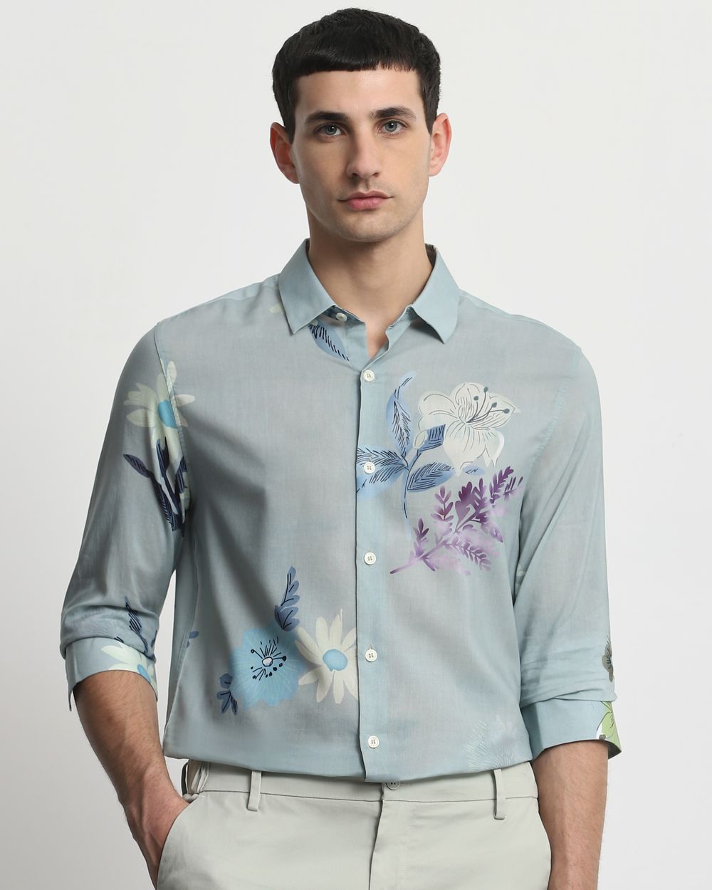 Sage Floral Print Slim Fit Casual Shirt