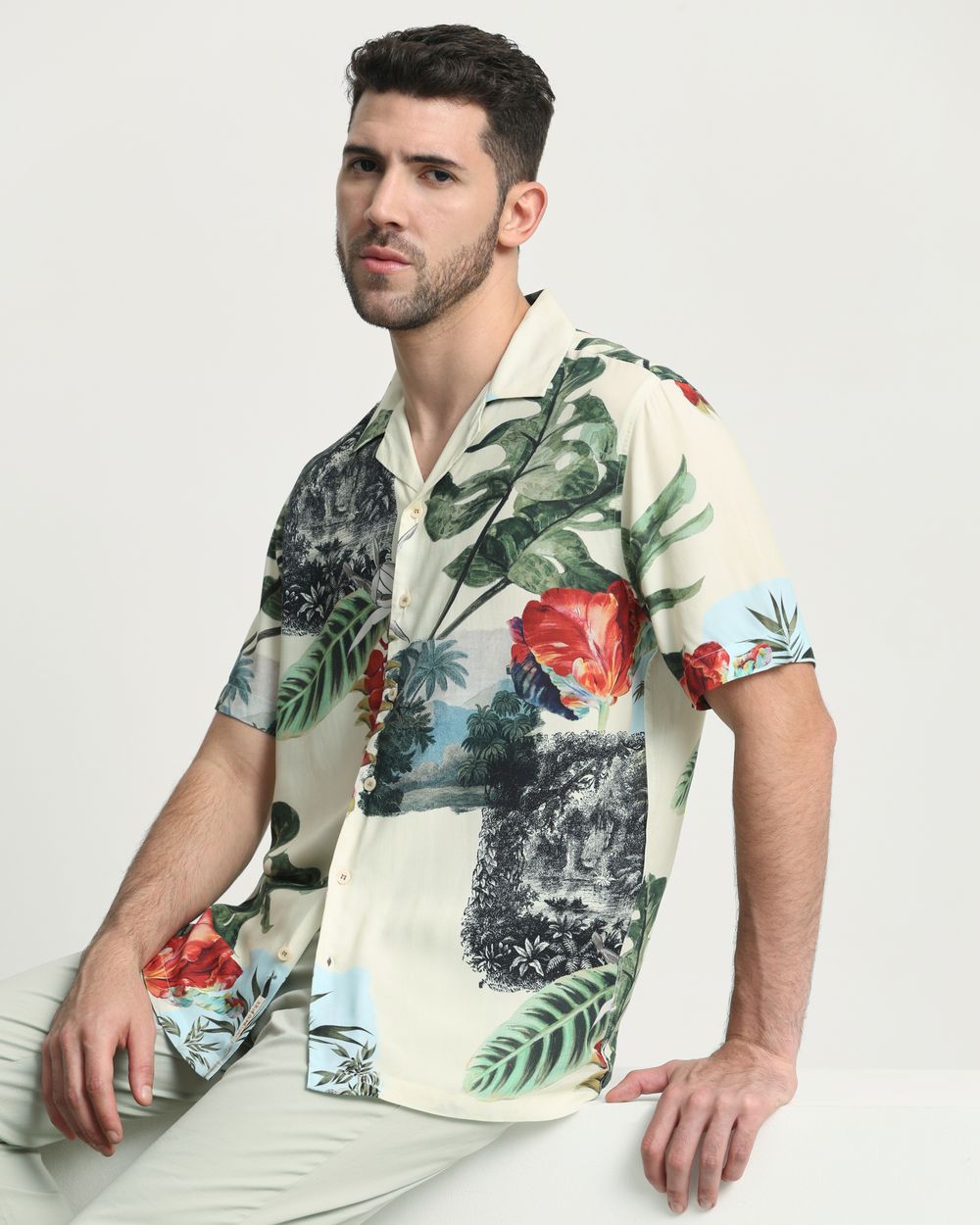 Olive Resort Print Relaxed Fit Casual Shirt