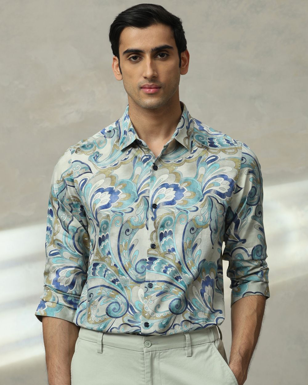 Teal Leaf Print Slim Fit Casual Shirt
