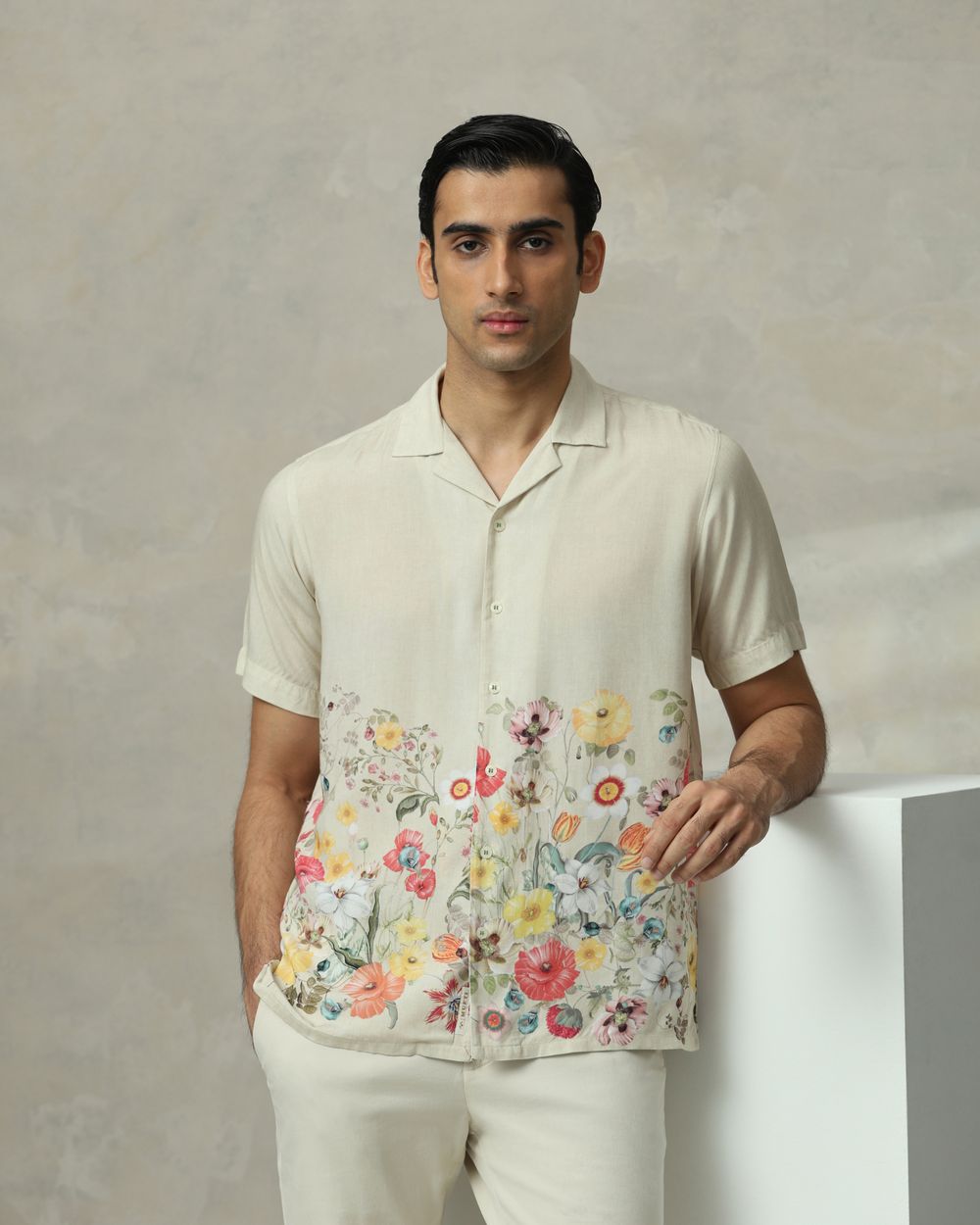 Beige Resort Print Relaxed Fit Casual Shirt