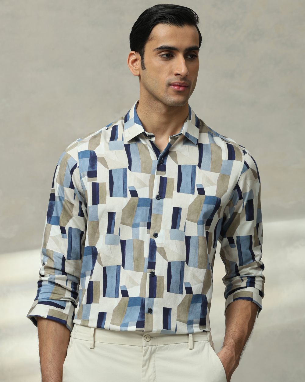 Beige Abstract Print Slim Fit Casual Shirt