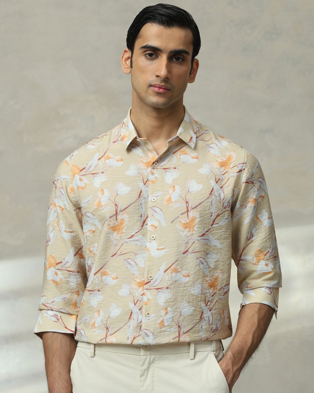 Beige Floral Print Slim Fit Casual Shirt