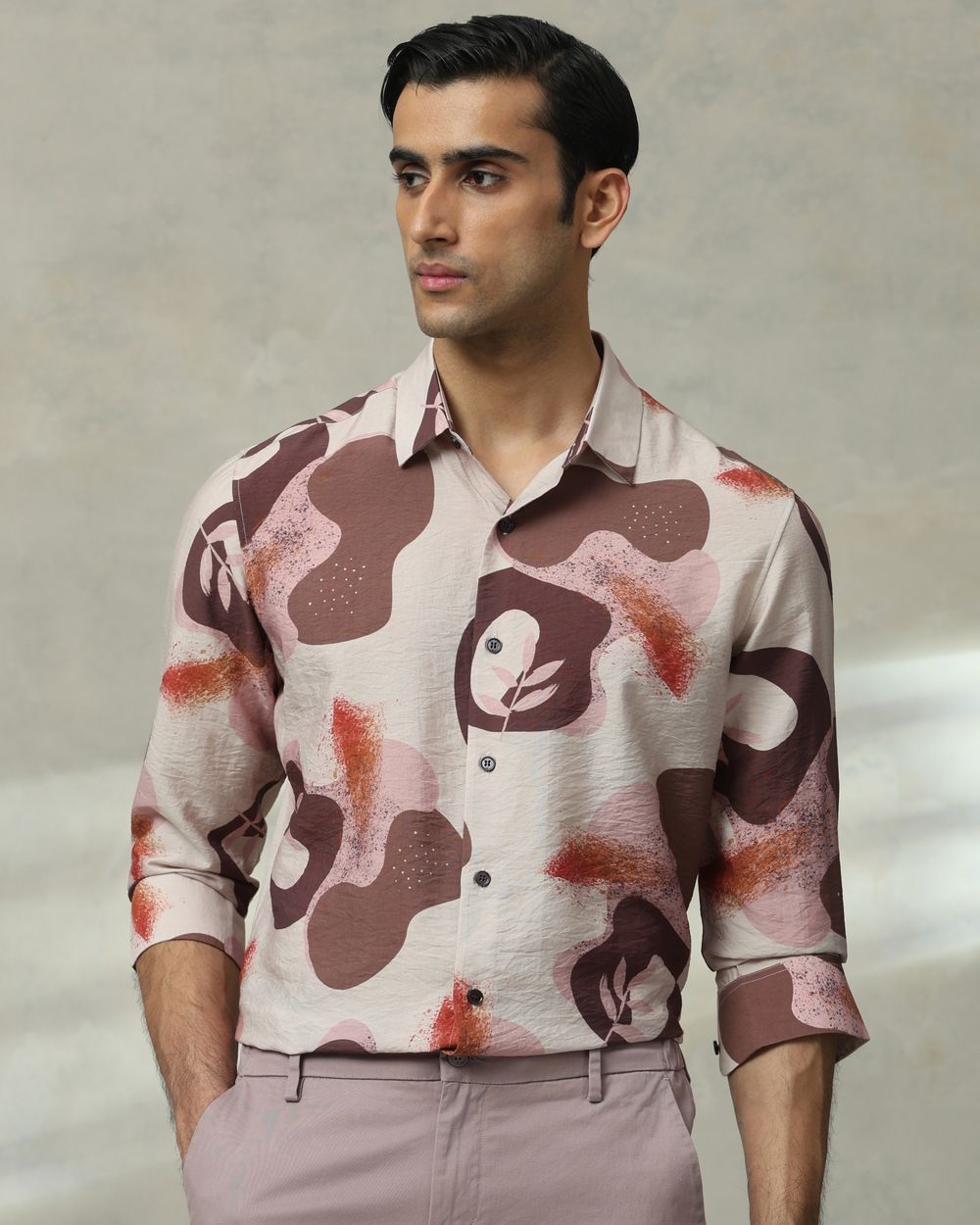 Brown Leaf Print Slim Fit Casual Shirt