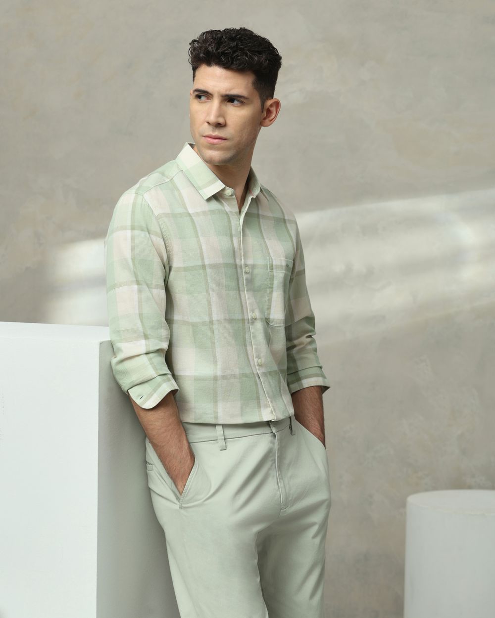 Light Green Textured Check Slim Fit Casual Shirt