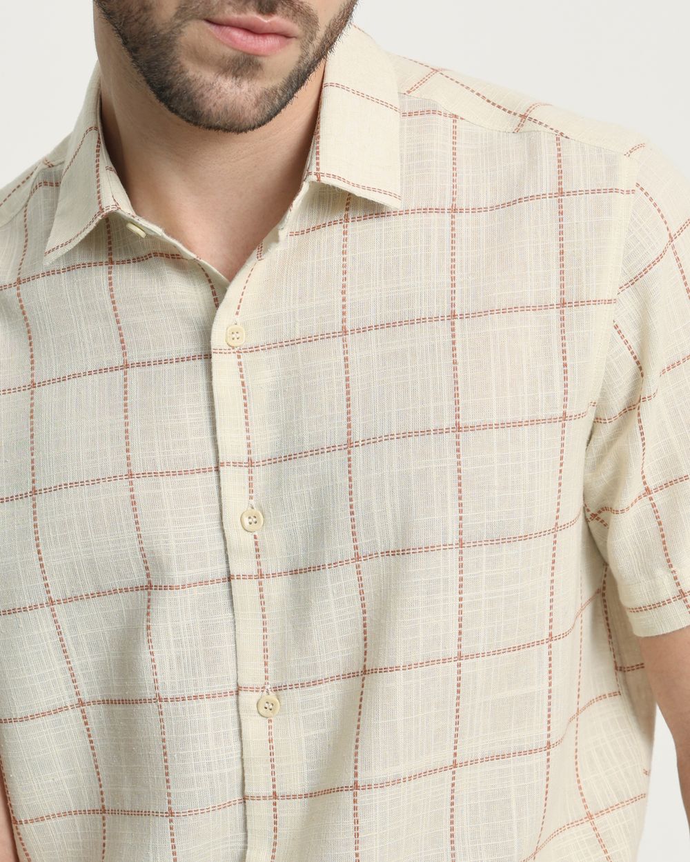 Beige Textured Check Slim Fit Casual Shirt