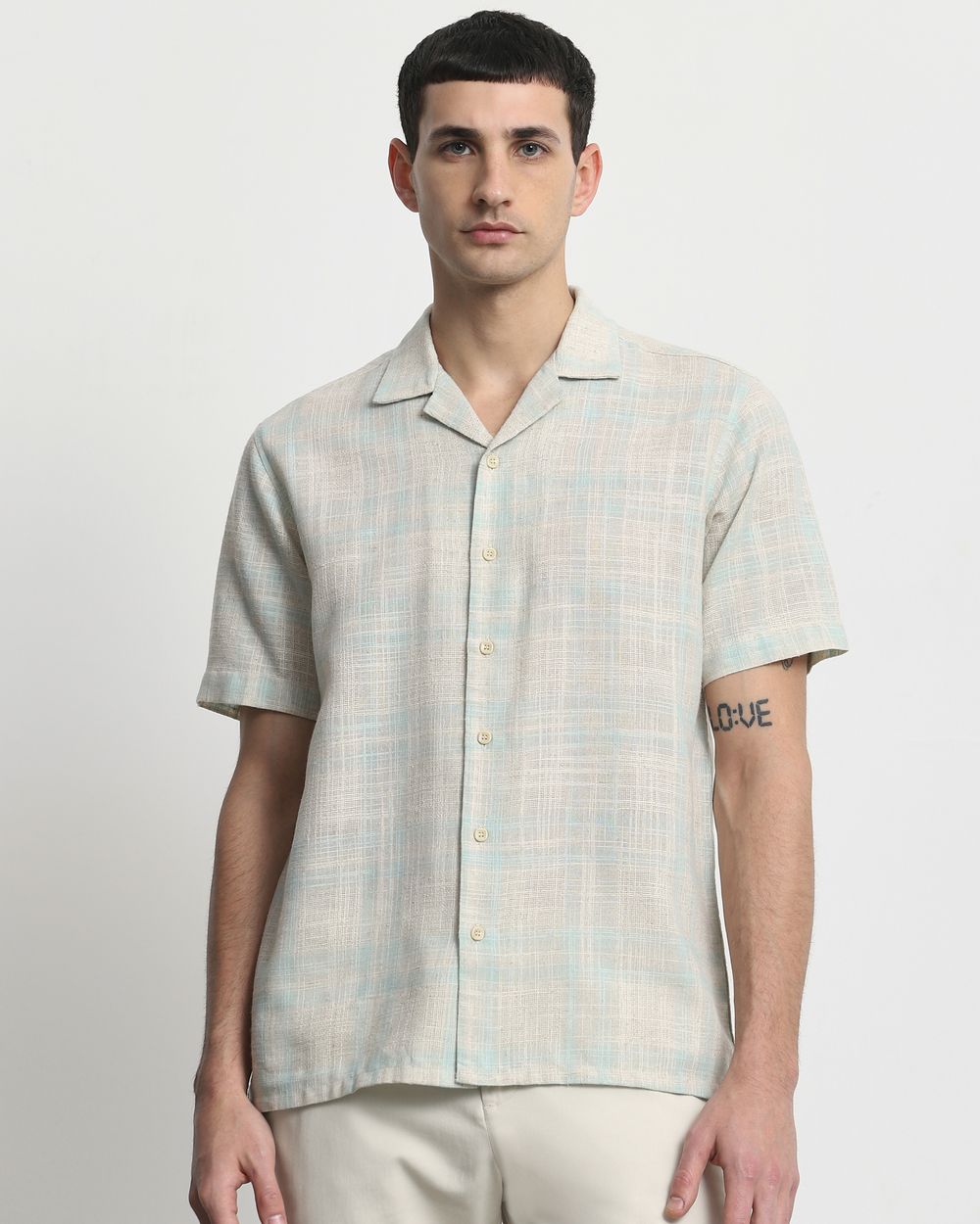Light Green Square Check Relaxed Fit Casual Shirt