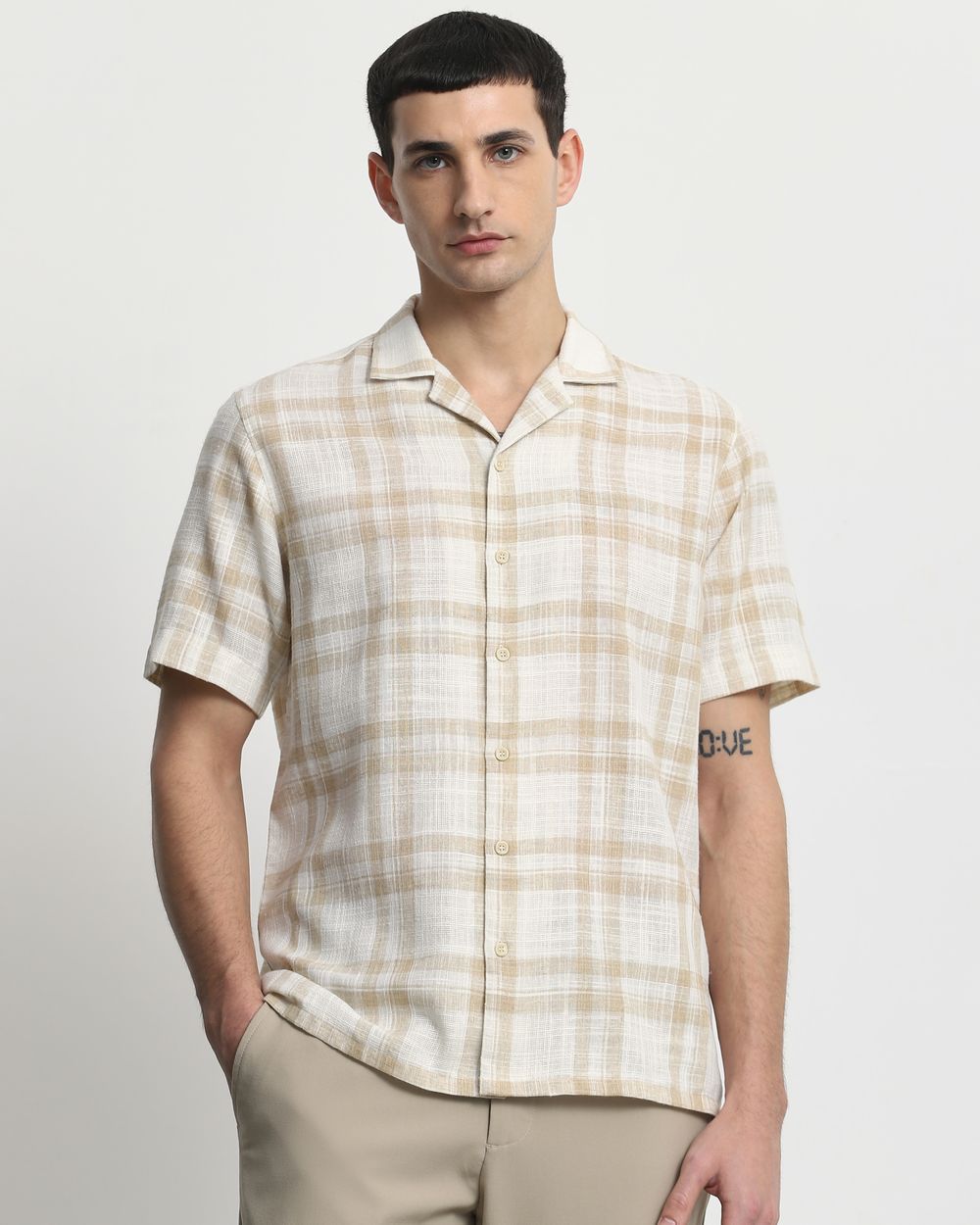 Beige Square Check Relaxed Fit Casual Shirt