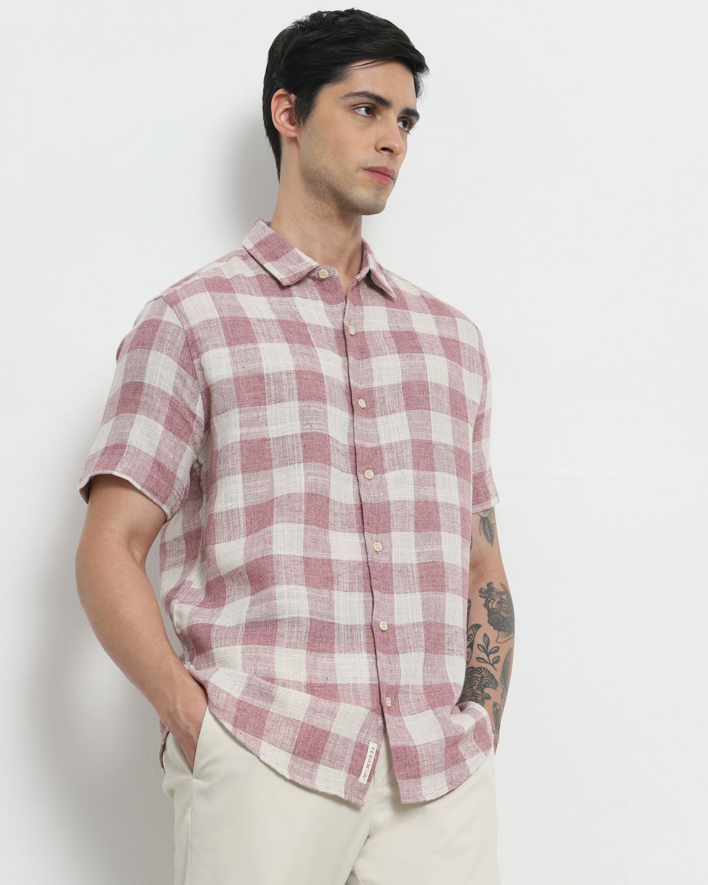 Pink Square Check Slim Fit Casual Shirt