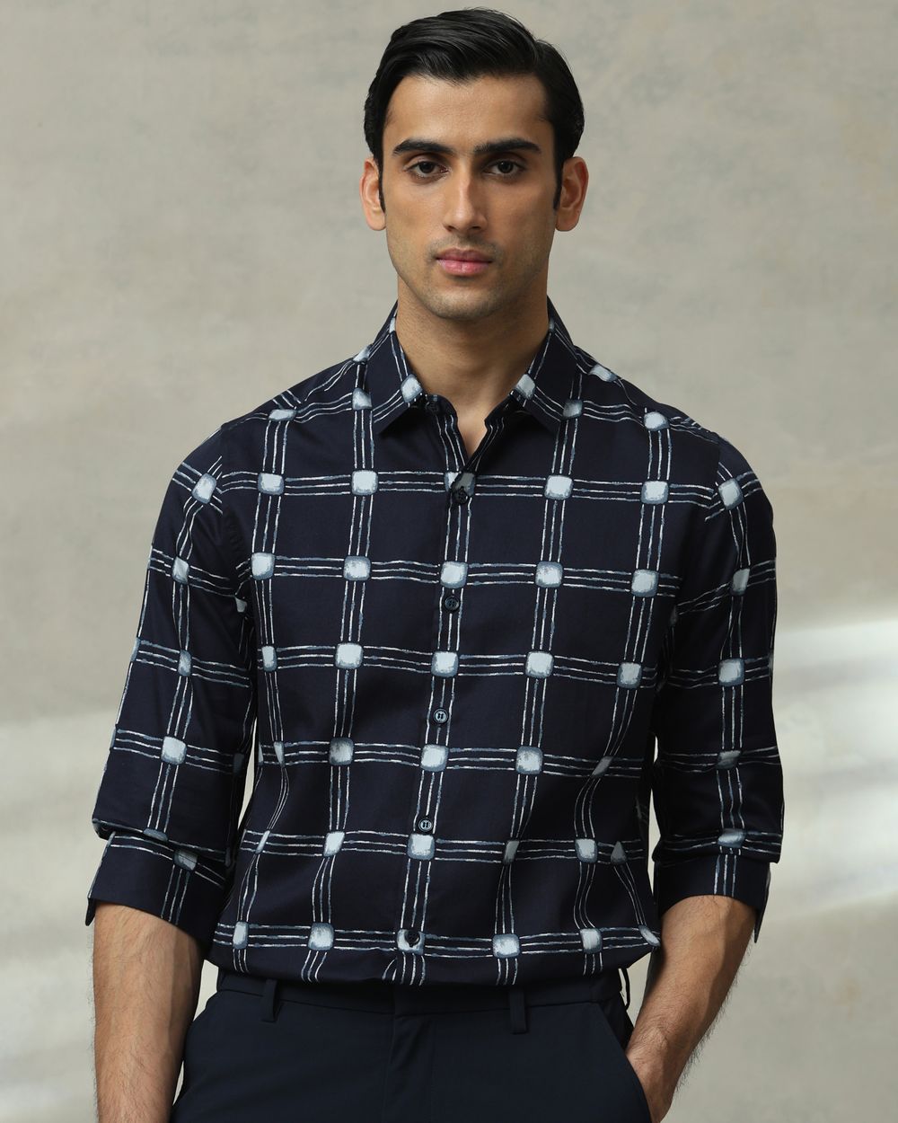 Navy Printed Check Slim Fit Casual Shirt