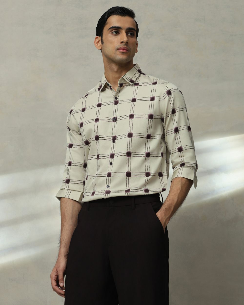 Beige Printed Check Slim Fit Casual Shirt