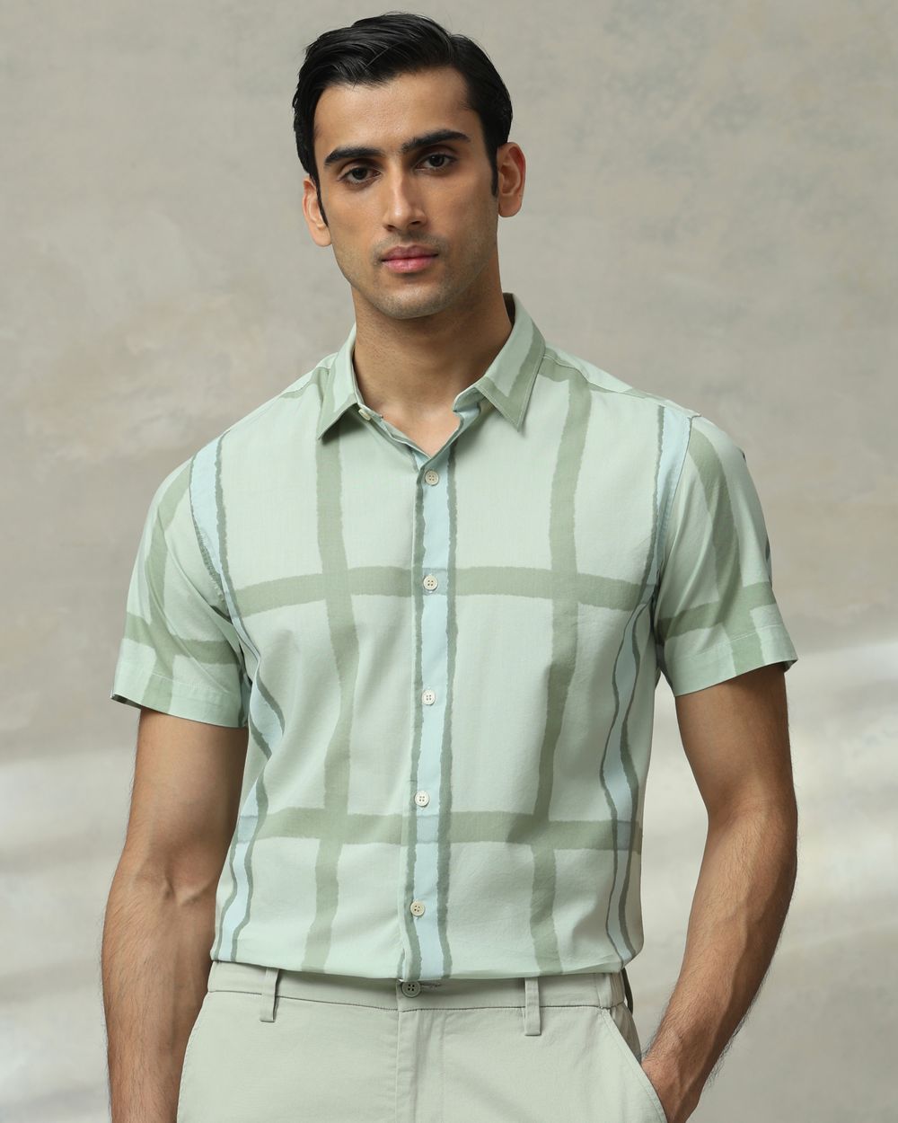 Light Green Large Check Slim Fit Casual Shirt