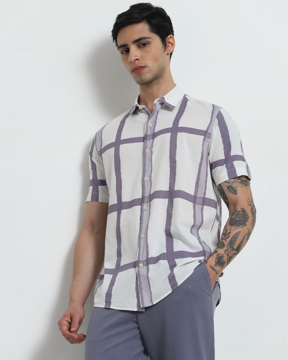 Beige Large Check Slim Fit Casual Shirt