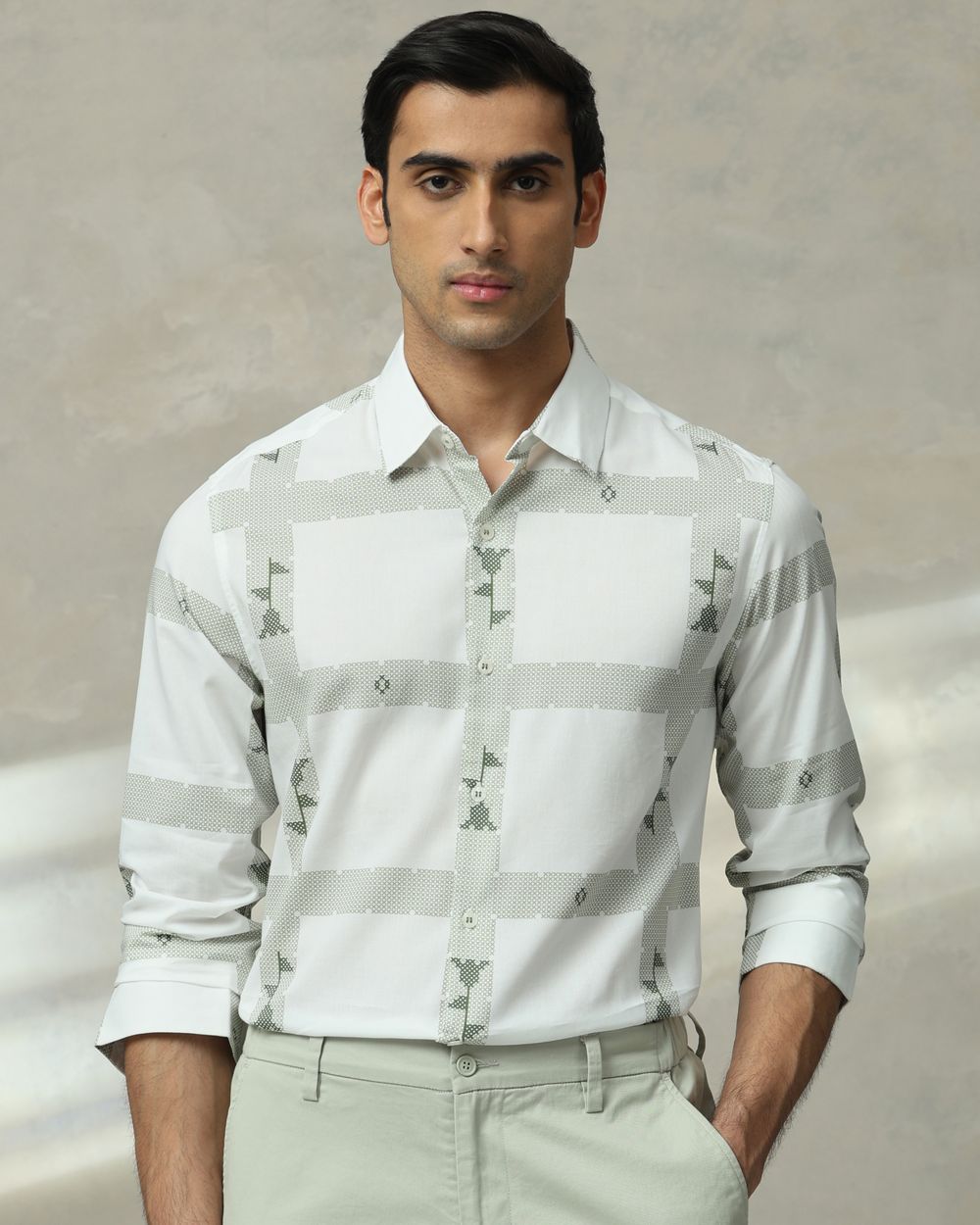 White Printed Check Slim Fit Casual Shirt