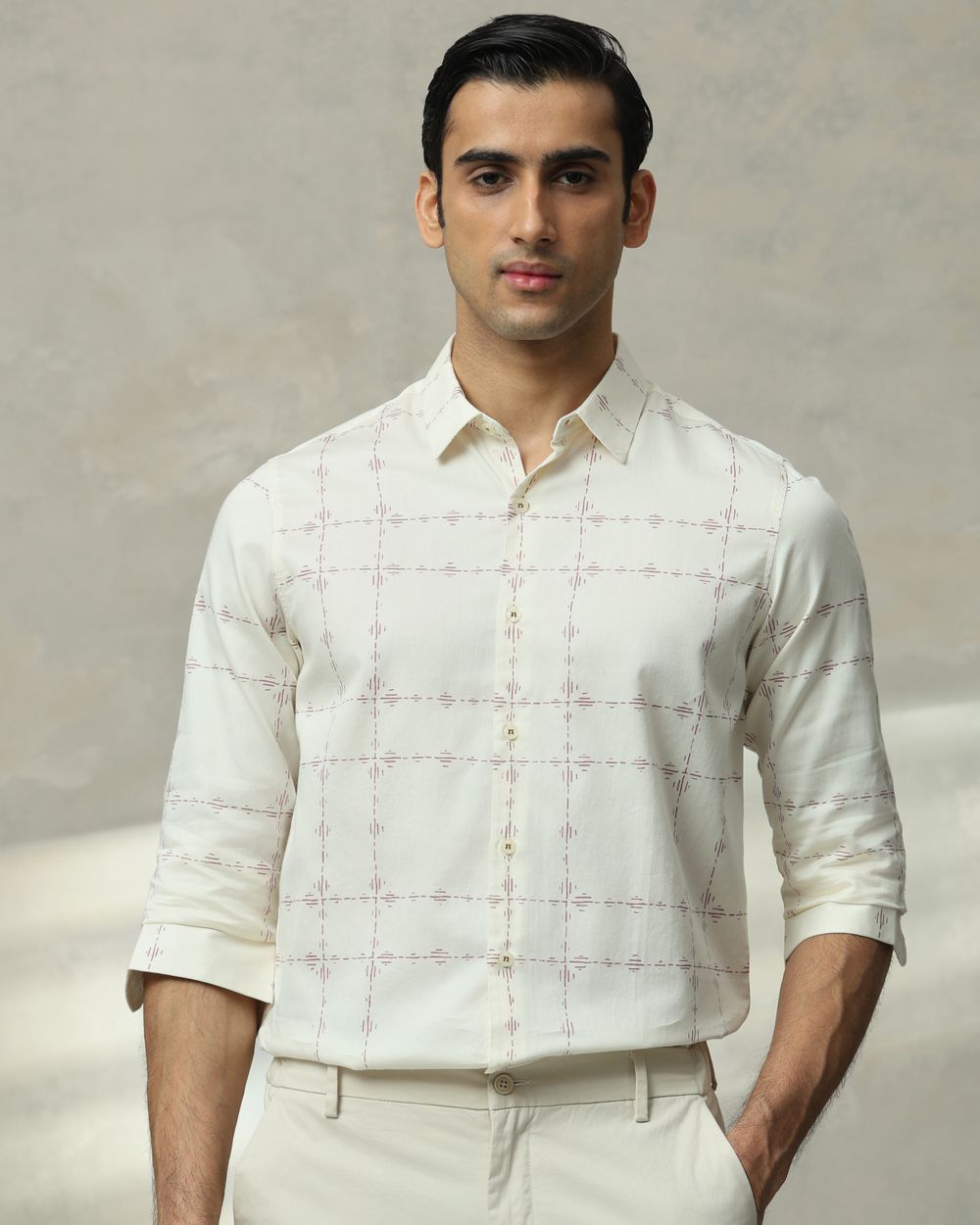 Off White Printed Check Slim Fit Casual Shirt