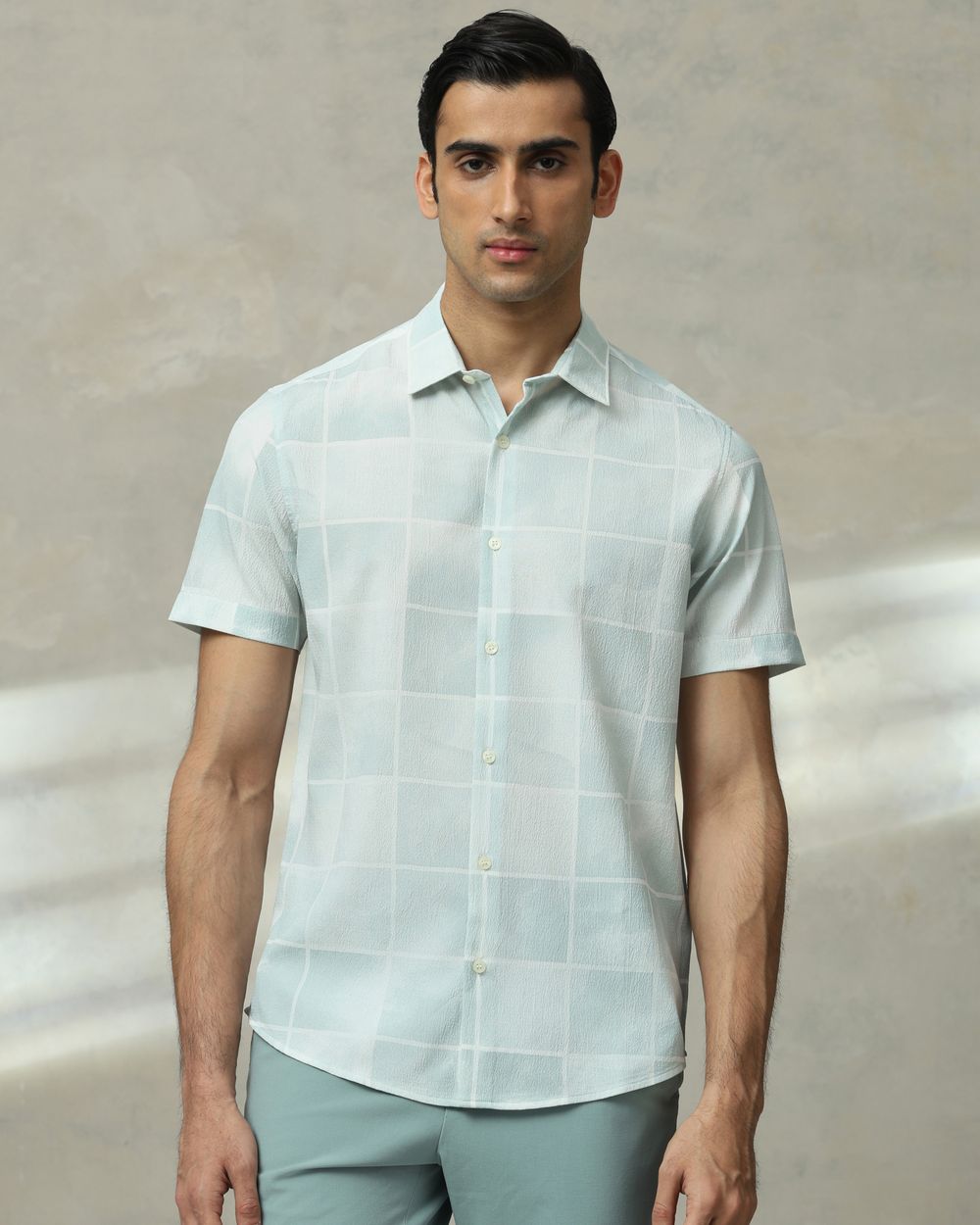 Sage Textured Check Stretch Slim Fit Casual Shirt