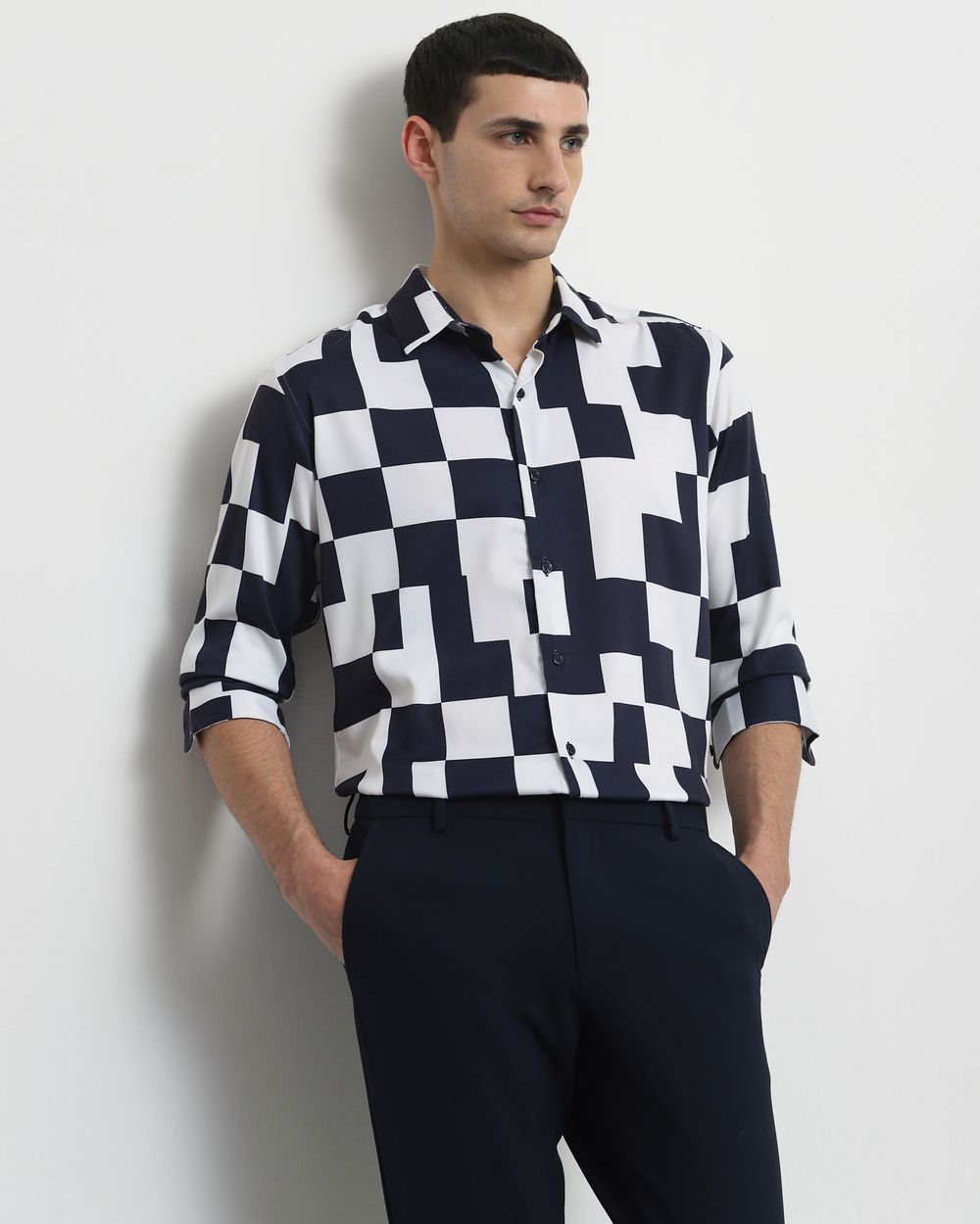 Navy Large Check Stretch Slim Fit Casual Shirt