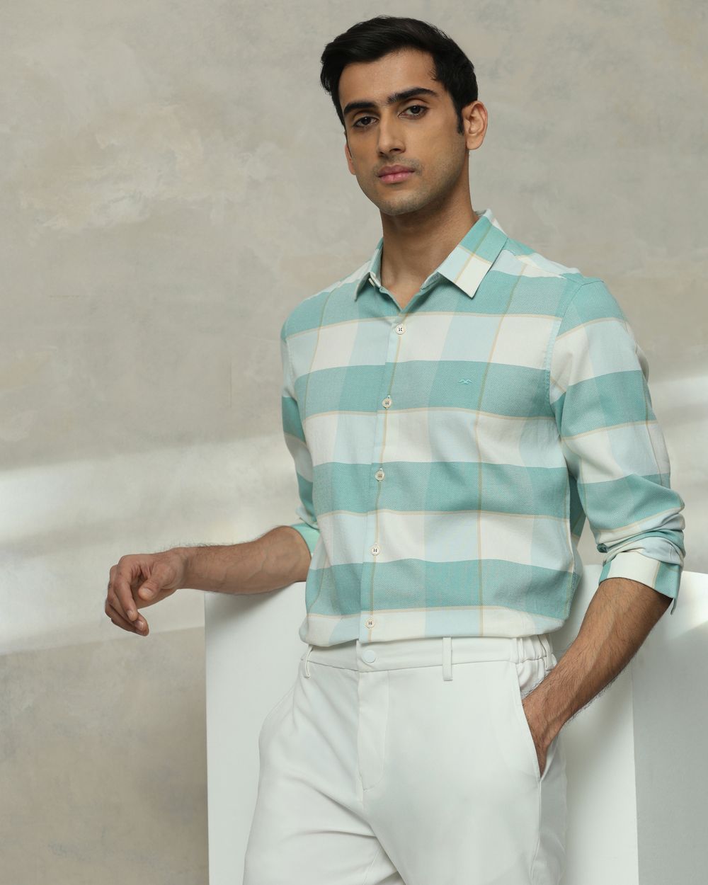 Sage Large Check Slim Fit Casual Shirt