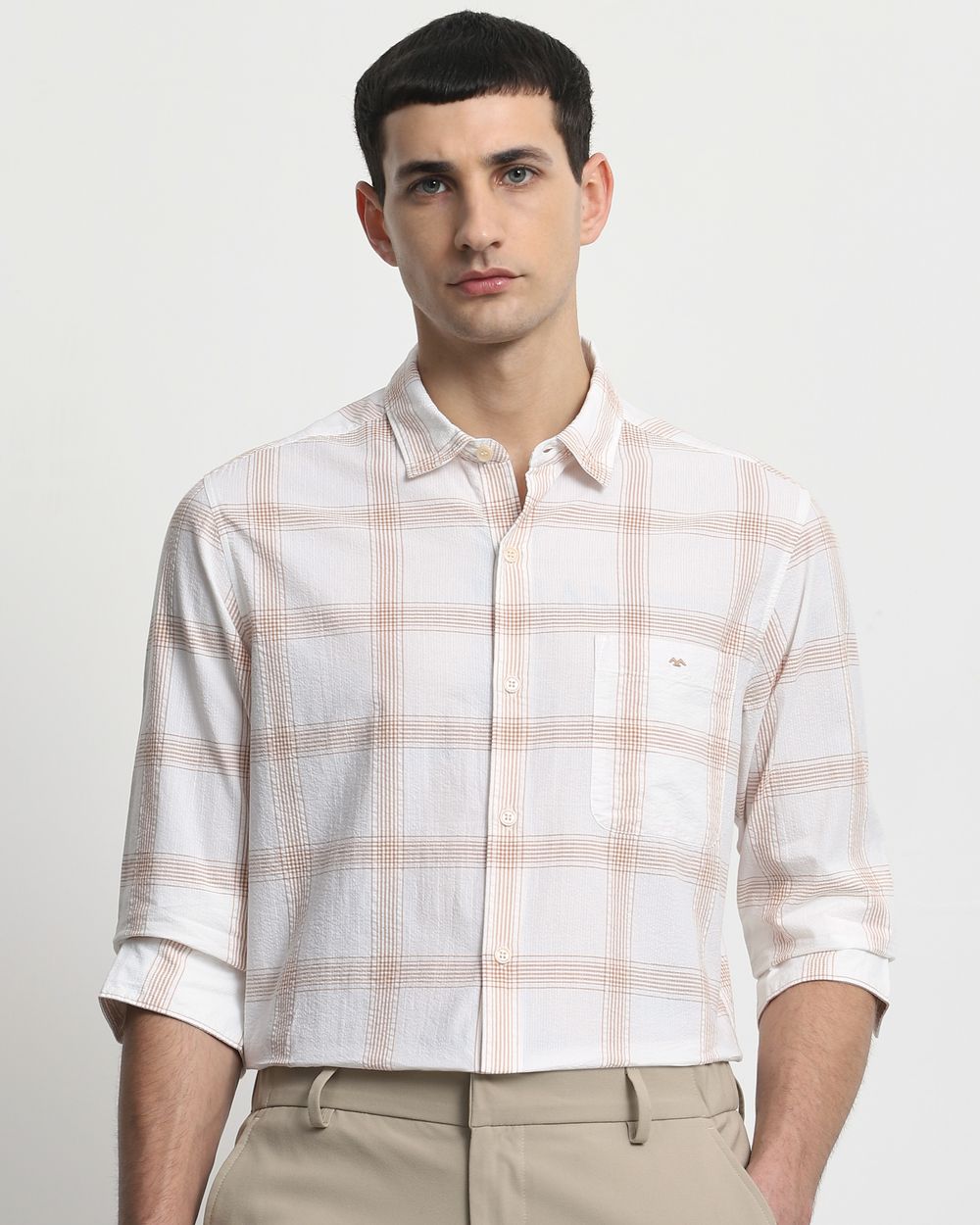 Beige Seersucker Check Slim Fit Casual Shirt