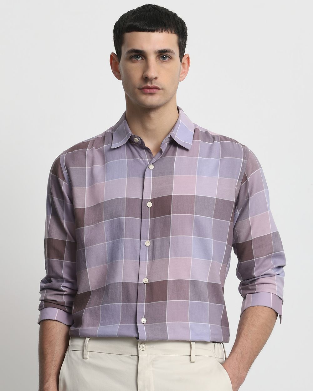 Lilac Large Check Slim Fit Casual Shirt