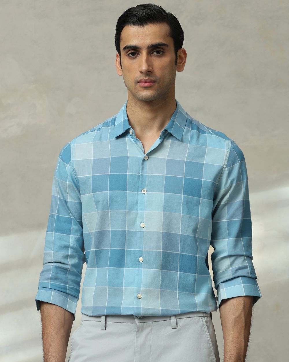 Teal Large Check Slim Fit Casual Shirt