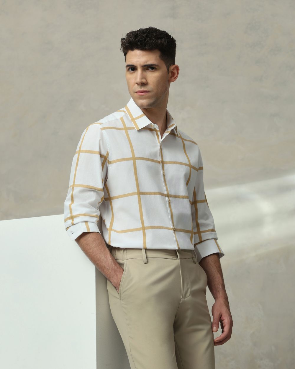 White Windowpane Check Slim Fit Casual Shirt