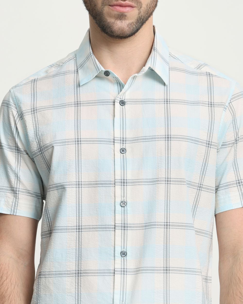 Light Blue Seersucker Check Slim Fit Casual Shirt