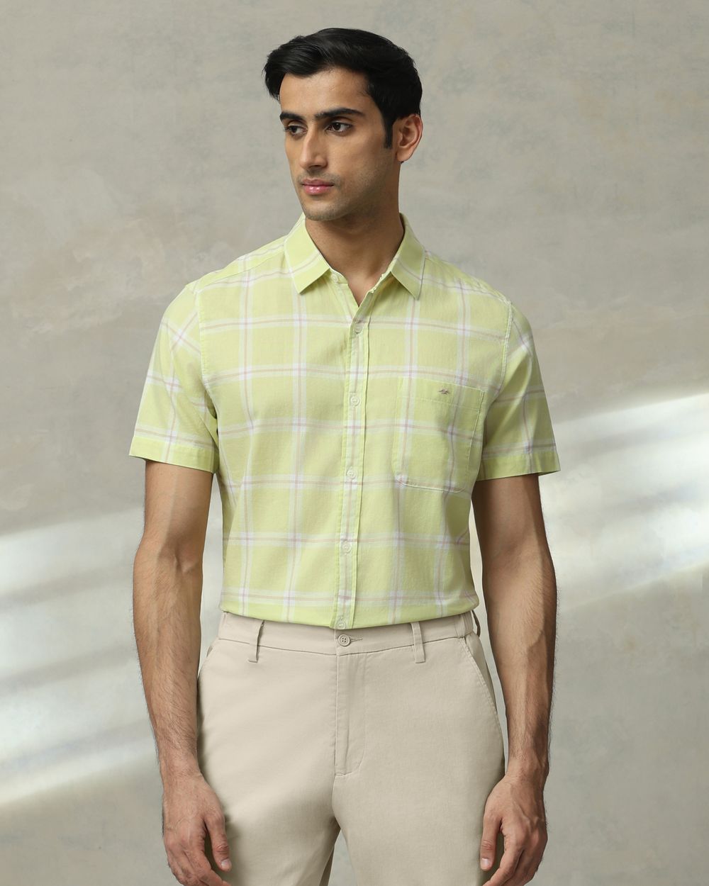 Light Green Square Check Slim Fit Casual Shirt