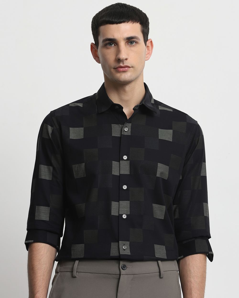 Black Tonal Check Slim Fit Casual Shirt