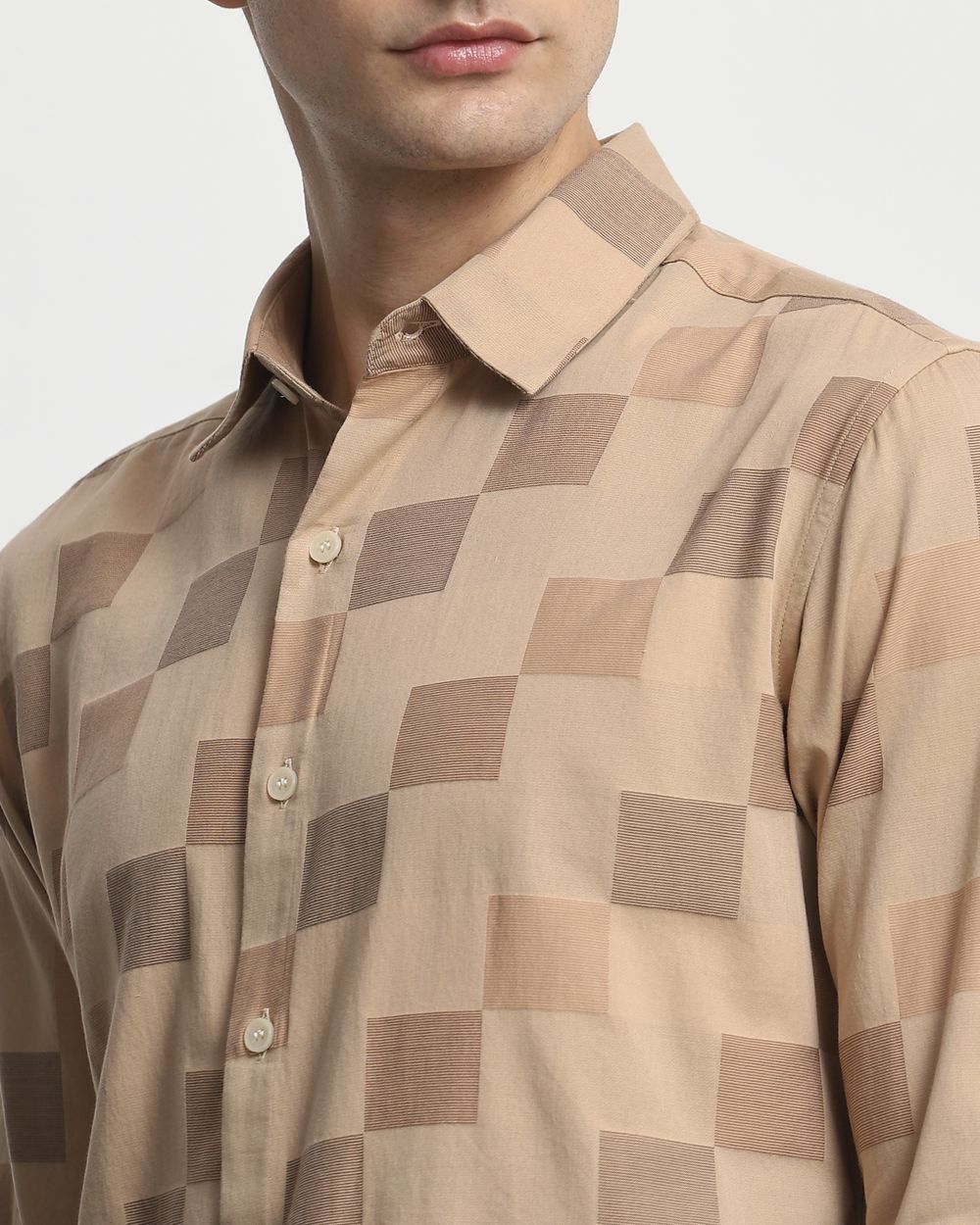 Beige Tonal Check Slim Fit Casual Shirt