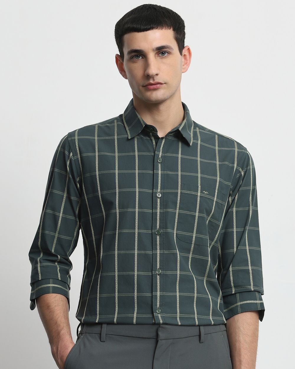 Dark Green Square Check Slim Fit Casual Shirt