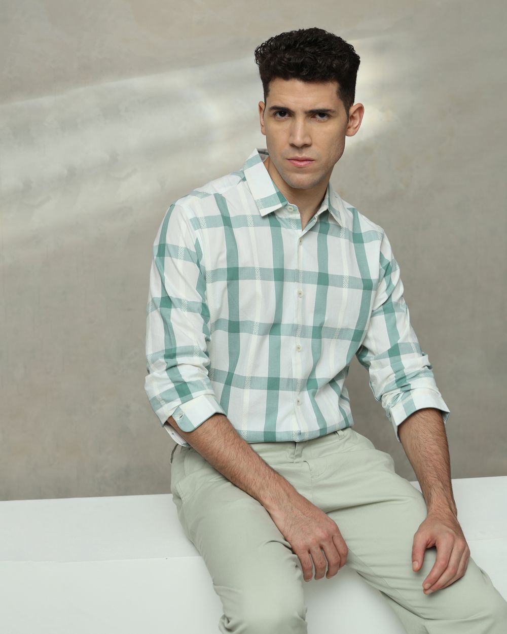Green Large Check Slim Fit Casual Shirt
