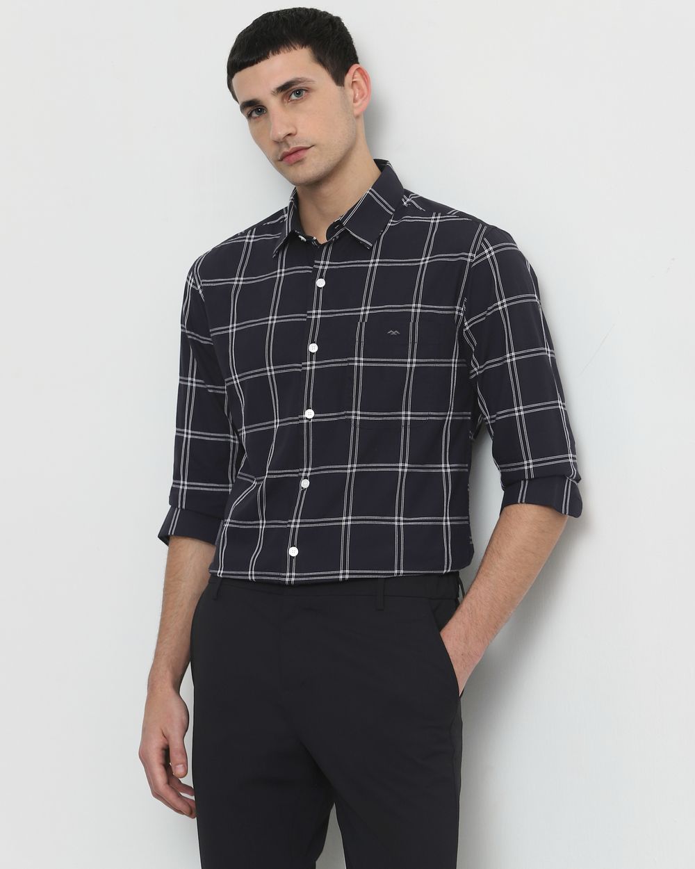 Black Textured Check Slim Fit Casual Shirt